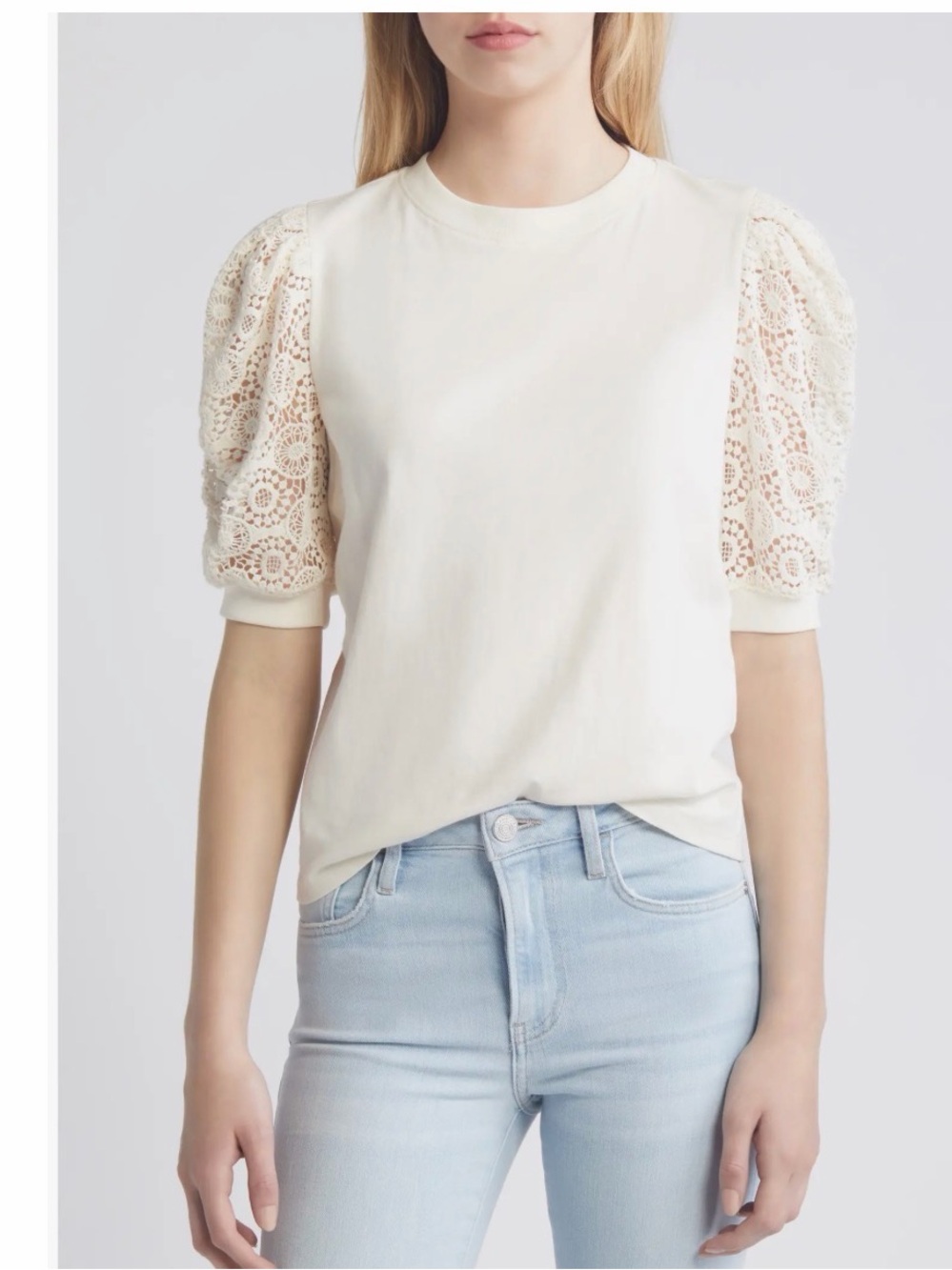 FRAME Cream Lace Puff Sleeve Crew Tee